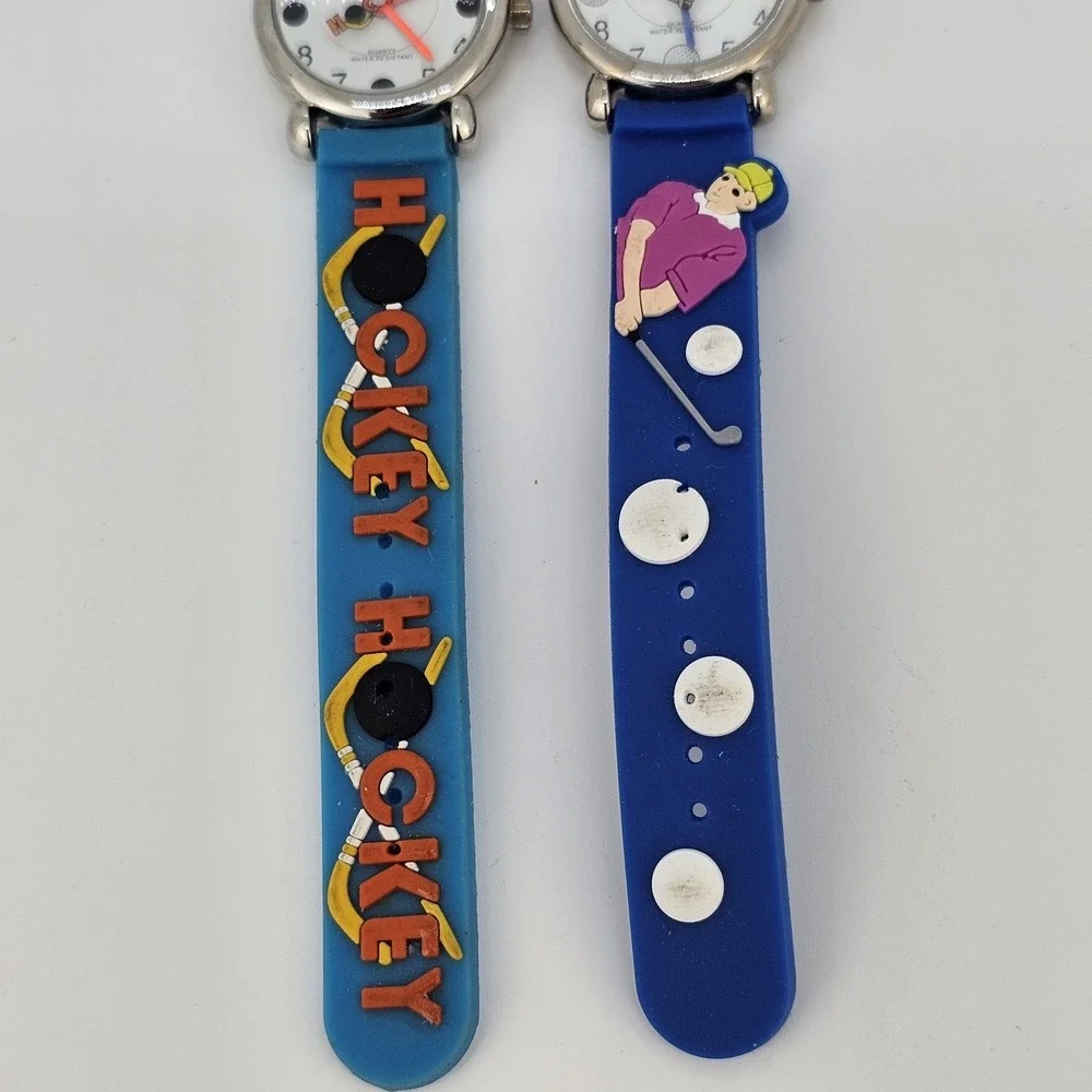 2X Kids Hockey Golf Sport Watches 27MM White Dial Blue Plastic Bands New Battery